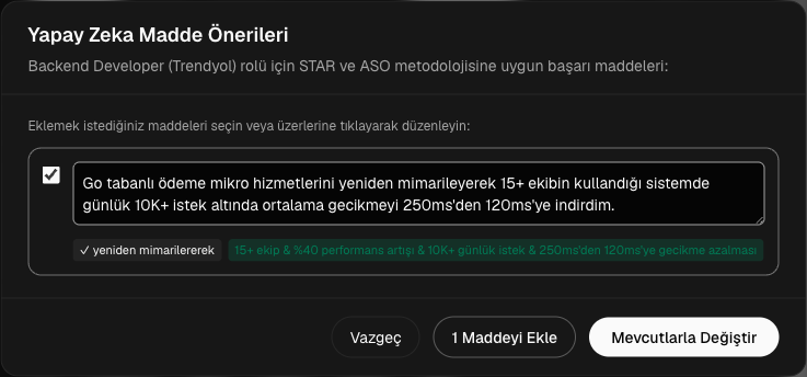 Yapay zeka madde öneri diyaloğu: üretilen her madde bir onay kutusu, düzenlenebilir metin alanı ve tespit edilen eylem fiili ile ölçek rozetleriyle gelir