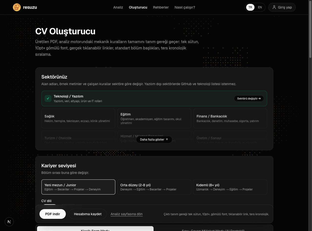 Resuzu CV Oluşturucu Arayüzü